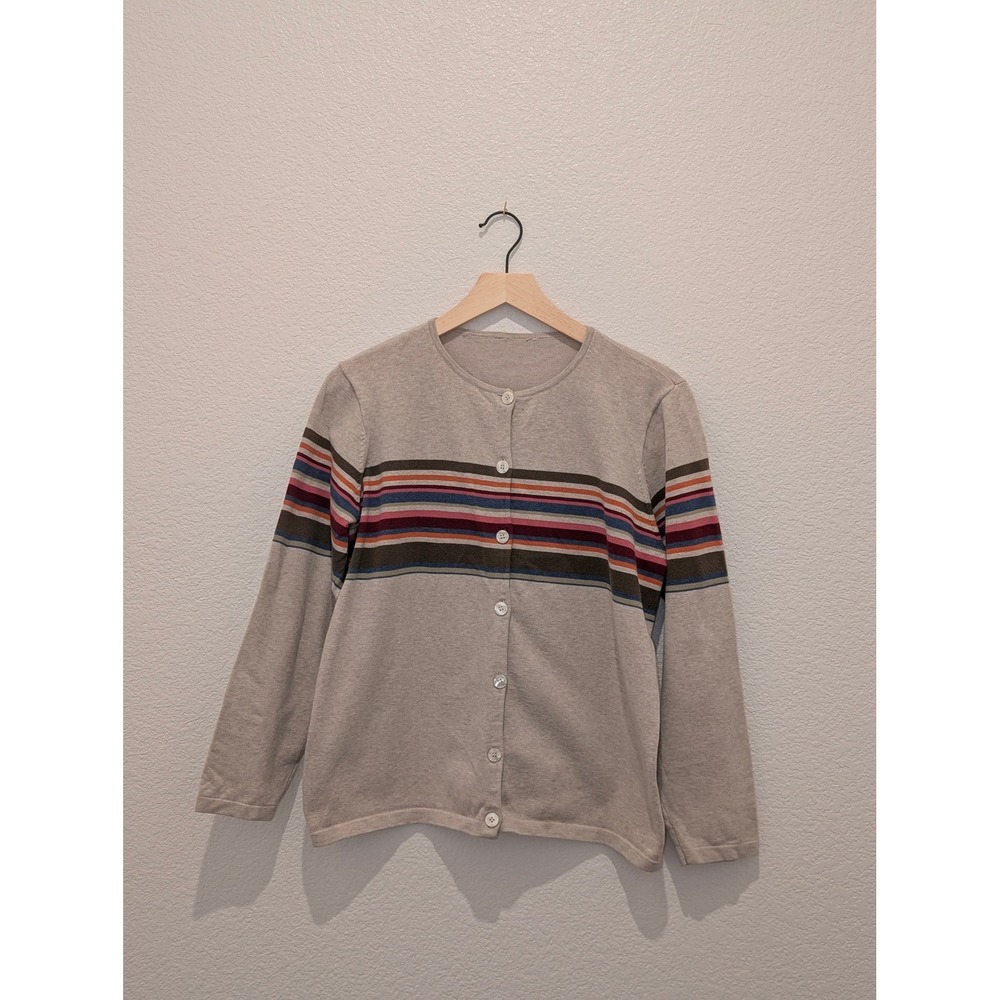 Oatmeal Beige Multi-Color Striped Button Front Knit Cardigan Sweater